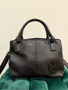 Tory Burch Black Pebbled Leather Top-Handle Satchel with Logo